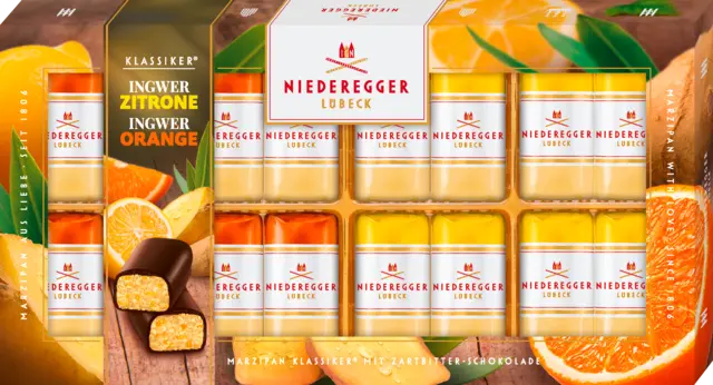 Marzipan Klassiker Duo Ingwer-Orange und Ingwer-Zitrone in Zartbitter-Schokolade von NIEDEREGGER