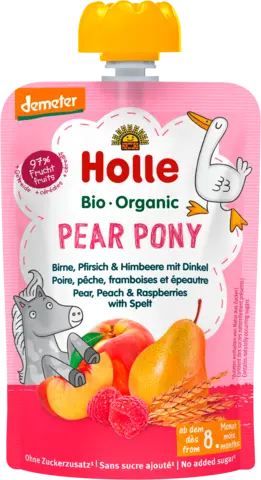 Demeter Pear Pony Pouchy Birne, Pfirsich & Himbeere mit Dinkel ab dem 8. Monat von HOLLE