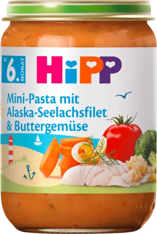 Mini-Pasta mit Alaska-Seelachsfilet und Buttergemüse ab 6. Monat von HIPP